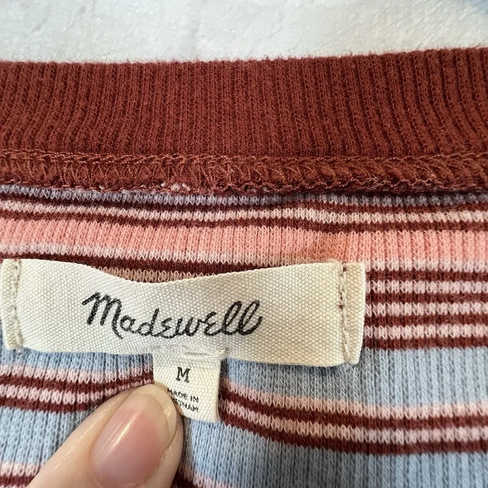 Madewell Womens Shirt Fine Ribbed Henley Tee Striped Vneck Preppy Size Medium - Picture 3 of 8